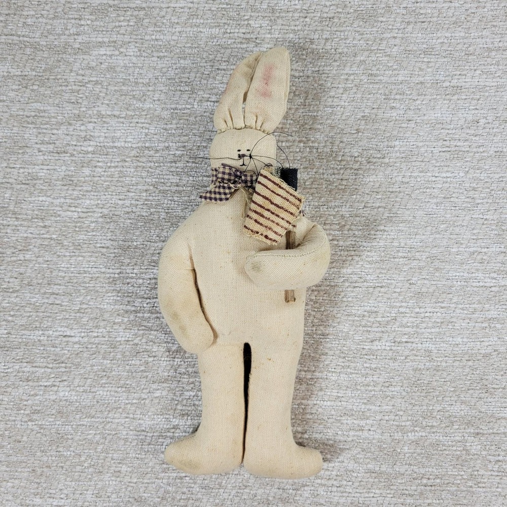 Antique Muslin Bunny Doll Patriotic Primitive Folk Art Handmade Signed Cindi